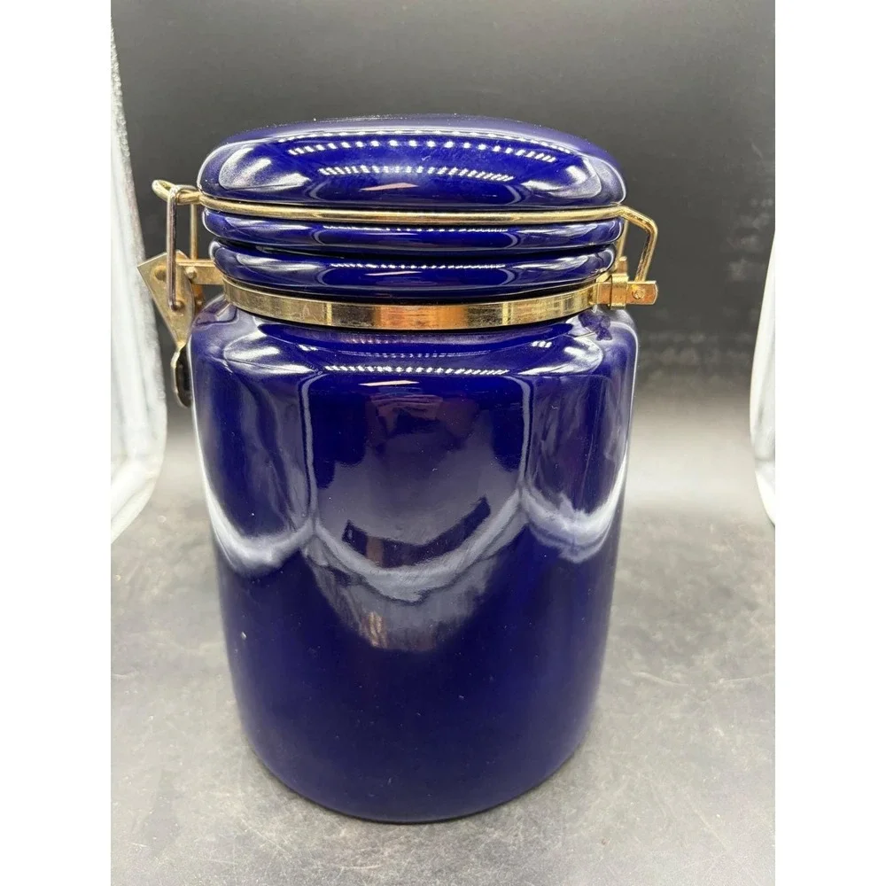 Vintage Cobalt Blue Ceramic Canister with Gold Tone Bale Flip Top Locking Lid